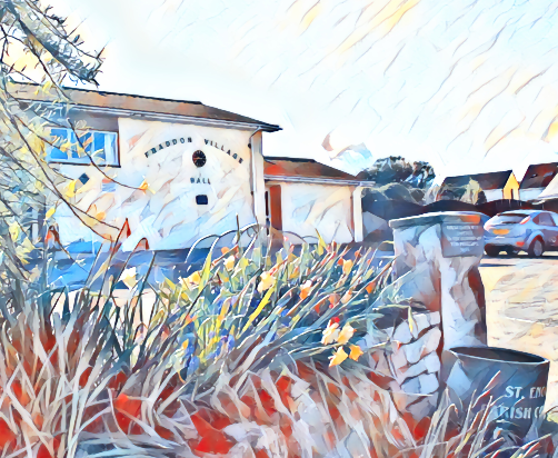 A stylised photo of the Fraddon Village Hall appearing as a painting